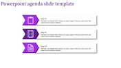 Modern agenda slide in purple, displaying three sequential steps with clipboard, checklist, and document icons.