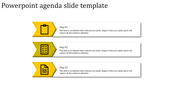 Agenda PPT slide with three yellow arrow icons representing steps, paired with text boxes for descriptions.
