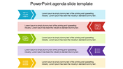 Agenda slide with colorful horizontal arrows in blue, red, green, purple, and yellow, each with text and icons.