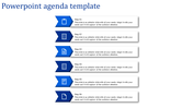 Agenda PPT slide with six blue arrow icons representing steps, paired with descriptive text boxes.