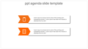 Agenda slide with two orange arrows pointing right, featuring icons and text, on a white background.