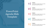 A clean and professional PPT slide showcasing numbered agenda points in different color captions.