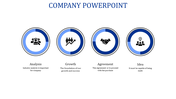 Icon centric slide with four blue and white circles showcasing key elements of analysis, growth, agreement and ideas.