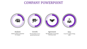 Monochrome company presentation slide with four purple circular icons representing analysis, growth, agreement, and idea.
