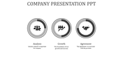 Company presentation slide with bold circular shapes in gray hues and sequential steps for strategic processes.