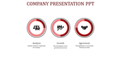 Slide with three circular red gradient icons aligned horizontally, highlighting various business concepts.