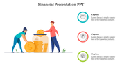 Financial slide featuring two figures placing large coins into a jar of money, with three placeholder text areas.