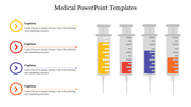 Medical template with four syringes filled with yellow, red, blue, and orange liquid, and captions on the left side.