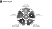 Medical PPT slide featuring circular icons representing healthcare elements like stethoscope, DNA, and health symbols.