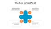 Medical themed slide with icons representing medications, surgery, diseases, and preventive medicine, within a blue cross.