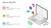 Business template slide showcasing a laptop with a rolling document, coding icons, and financial-related visuals.