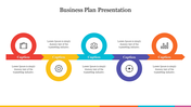 Five-segment business plan layout with circular icons representing suitcase, team, gear, target, and growth chart.