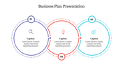 Business plan slide with three connected circular shapes in blue, red, and teal, each containing icons and captions.