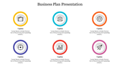 Six circular icons in rows, each with a business-related image, colorful border, and caption space below.