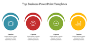 Row of four business-themed icons in teal, red, green, and yellow circles, each with placeholder text areas.