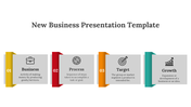 Four blocks titled business, process, target, and growth with icons like a briefcase, gear, target, and chart.