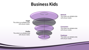 Business themed slide with a translucent 3D funnel and descriptive sections highlighting various aspects of business.