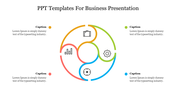 Business slide showcasing a segmented circle in red, yellow, green, and blue, with icons and descriptive captions.