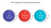 Business presentation slide with icons for idea, promotion, and growth, each in colored circles with captions.