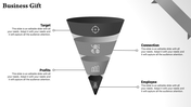 Grayscale funnel design illustrating business processes with sections for target, connection, profits, and employees.