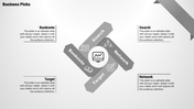 Infographic featuring four gray ribbon design with business related captions and icons arranged around a central circle.
