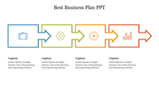 Business plan slide with four connected arrows in blue, green, orange, and red, each containing an icon and caption.