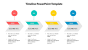 Quarterly timeline template featuring red, teal, yellow, and blue markers above gray arrows with placeholders text areas.