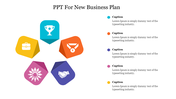 A colorful PowerPoint template for a new business plan with five sections and icons with captions.