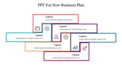 A colorful PowerPoint template for a new business plan with various sections and icons for different business aspects.