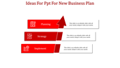 A red colored slide displaying a business plan with three stages each represented by icons and connected by arrows.