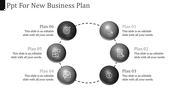 Circular layout with six gray glossy spheres connected by dashed lines, each containing white icons and captions.