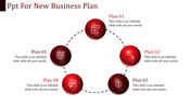 Business plan infographic with five red spheres arranged in a circle, connected by dashed lines, each representing a plan step with an icon.