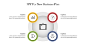 Business plan PowerPoint slide with four sections data analysis, document editing, goal setting, and process design.