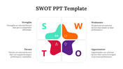 SWOT template featuring a central abstract shape with icons for strength, weakness, opportunity, and threat.