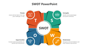 SWOT slide featuring a central circle surrounded by four curved segments in green, yellow, blue, and red.