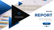 Annual report cover slide with company logo, title, description, and social media icons on a colorful backdrop.