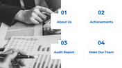 Business report slide with 4 sections about us, achievements, audit report, and meet our team, with a financial chart.