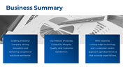 Business summary slide showcasing key points with a background of financial data and charts with blue boxes.