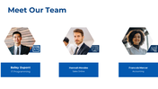 Meet our team slide with hexagonal portraits of Bailey Dupont, Hannah Morales, and Francois Mercer, along with role icons.
