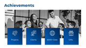 Achievements slide showing a team celebrating success, with icons representing projects, clients, 6000 sites, and gifts.