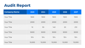 Audit report showing company data for the years 2023 to 2027, with values in rows for each title on a white backdrop.