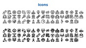 A set of various black icons representing business concepts such as teamwork, target setting, analysis, and communication.