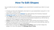 A guide to editing shapes in PowerPoint, demonstrating how to ungroup, resize, color, and group infographic elements.