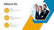 About Us slide for PowerPoint with mission, vision, and goals sections, and a photo of a business team.