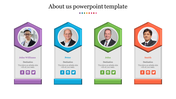 About us slide featuring four team members with names and roles in colored hexagonal frames, including social media icons.