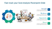 SWOT analysis slide with a gear design, featuring blue highlights, and an illustrated group discussing around a table.