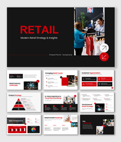 Retail PowerPoint template featuring a shopping cart surrounded by Discount, Coupon, and Credit Card icons with text area.