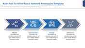 Slide with a sequential layout of four blue chevron arrows and network related icons on a clean white background.