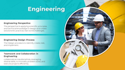 Engineering-themed slide with two circular images of engineers and tools, accompanied by three text sections on the left.
