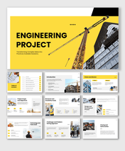 Professional engineering Presentation template with project planning, construction, and design slides.